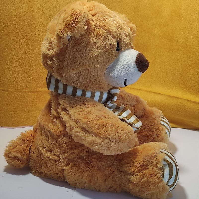 Bouillotte peluche ourson brun avec une petite écharpe, fabriquée en France et vendue par Acaponcho pour une chaleur douce et apaisante.