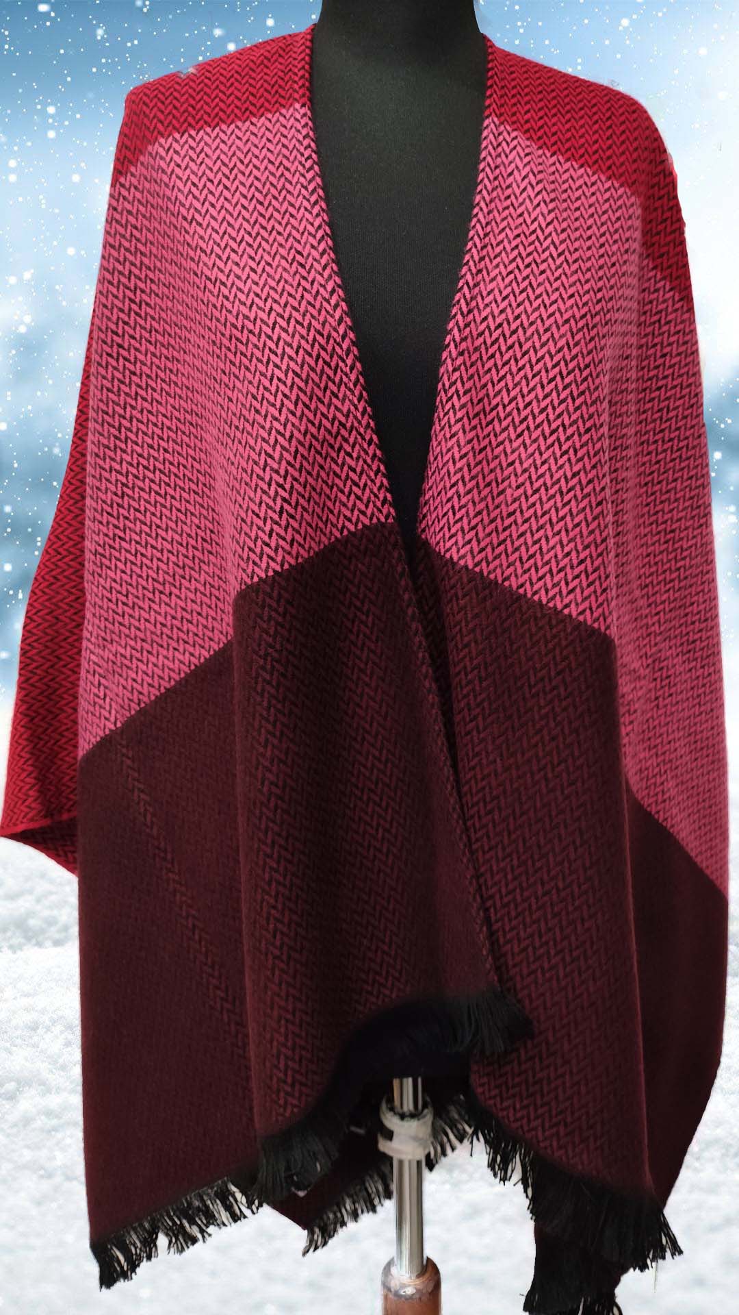 Poncho Francais rouge en acrylique, tissé latin, porté ouvert sur les épaules, style classique sans capuche, taille unique, lavage délicat à 30°