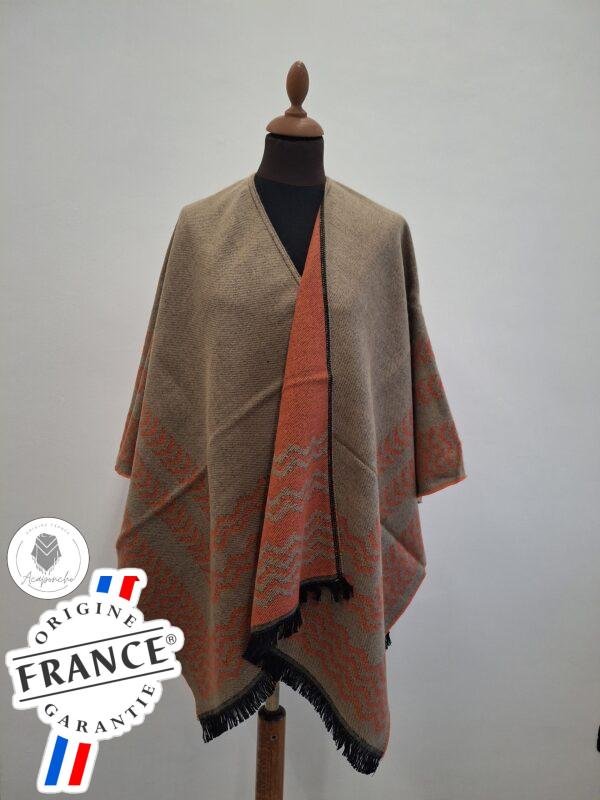 Poncho orange Incas Fabriqué en France : Élégant et Réversible beige – Image 3